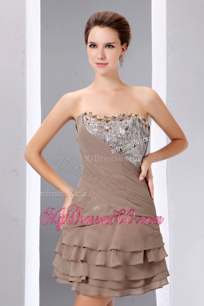 Brown A-line Mini-length Chiffon Prom Dress with Layers and Beading