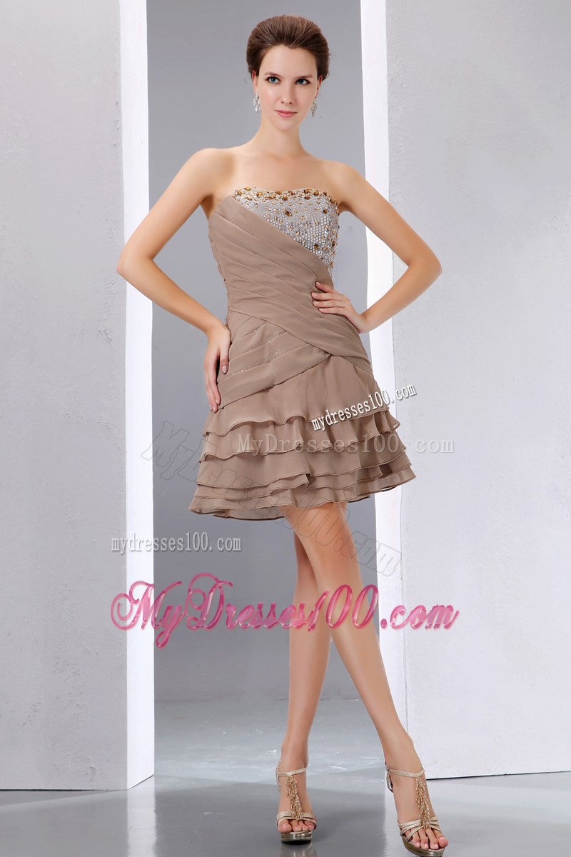 Brown A-line Mini-length Chiffon Prom Dress with Layers and Beading