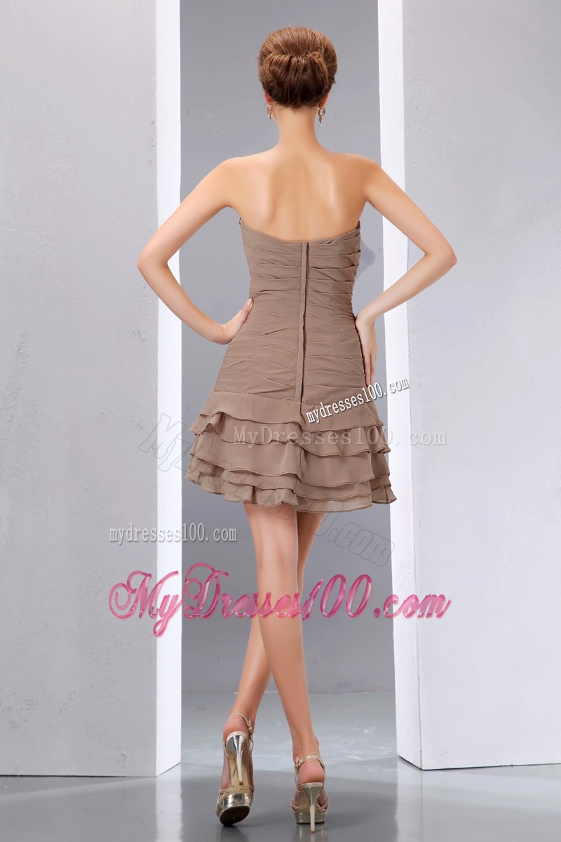 Brown A-line Mini-length Chiffon Prom Dress with Layers and Beading