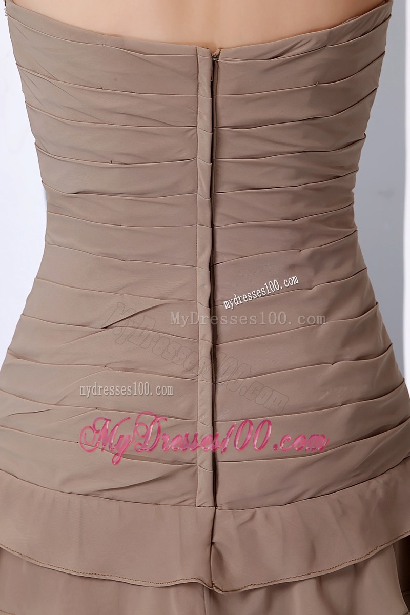 Brown A-line Mini-length Chiffon Prom Dress with Layers and Beading