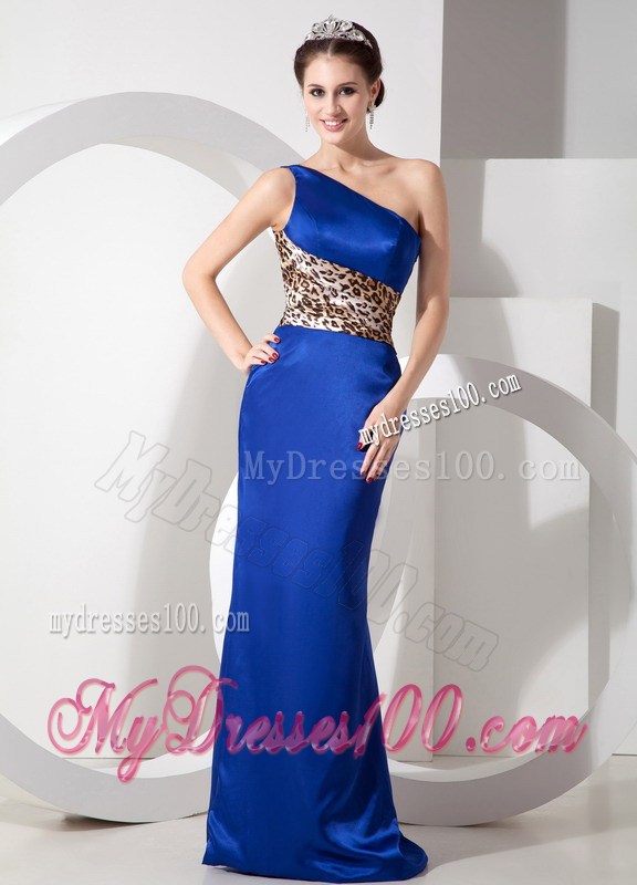 Blue and Leopard Column One Shoulder Prom Evening Dress Made Of Taffeta