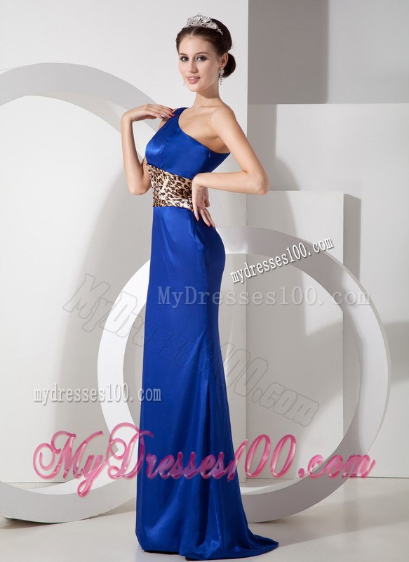 Blue and Leopard Column One Shoulder Prom Evening Dress Made Of Taffeta