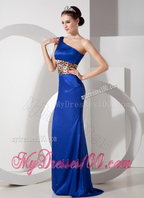 Blue and Leopard Column One Shoulder Prom Evening Dress Made Of Taffeta