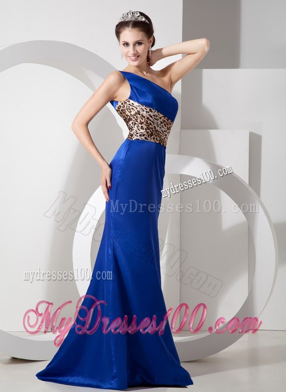 Blue and Leopard Column One Shoulder Prom Evening Dress Made Of Taffeta