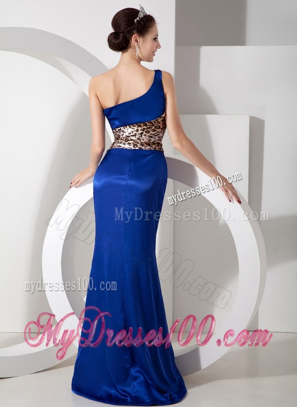 Blue and Leopard Column One Shoulder Prom Evening Dress Made Of Taffeta