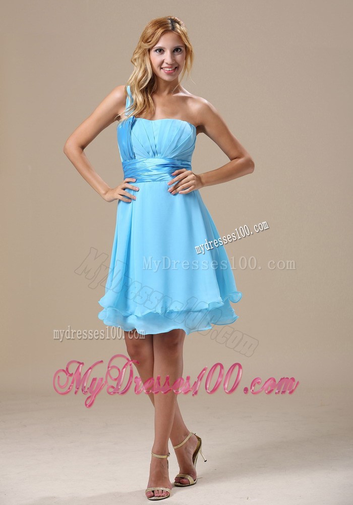 Aqua Blue Mini-length Prom Dress with One Shoulder and Ruches