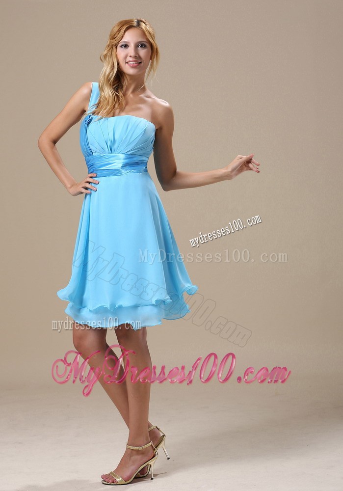 Aqua Blue Mini-length Prom Dress with One Shoulder and Ruches