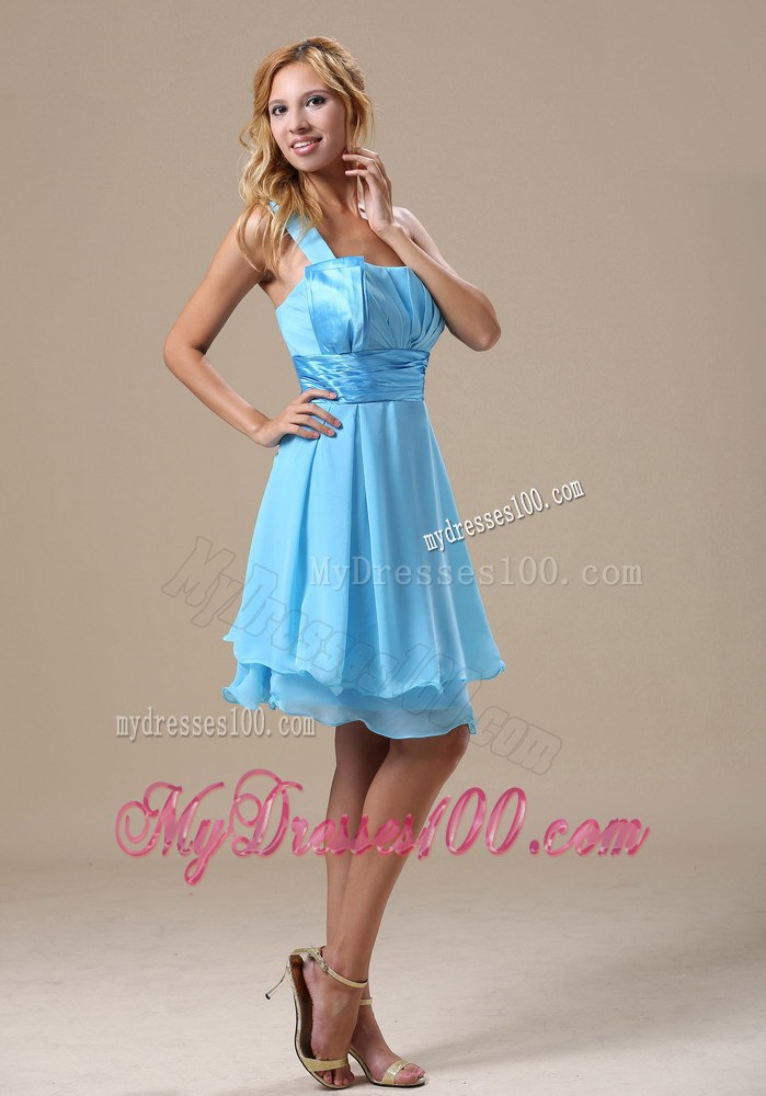 Aqua Blue Mini-length Prom Dress with One Shoulder and Ruches