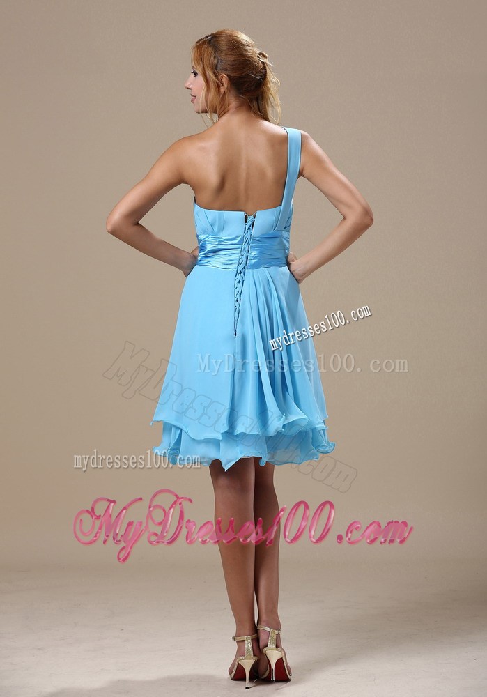 Aqua Blue Mini-length Prom Dress with One Shoulder and Ruches