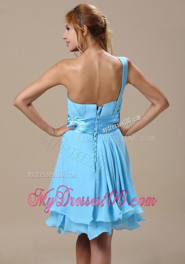 Aqua Blue Mini-length Prom Dress with One Shoulder and Ruches