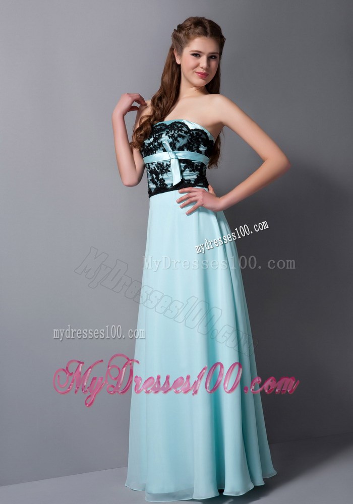 Light Cyan Column Strapless Floor-length Chiffon and Lace Prom Dress