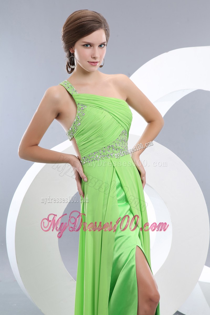 Asymmetrical Beaded Spring Green Chiffon Prom Dress with The Back Cutout