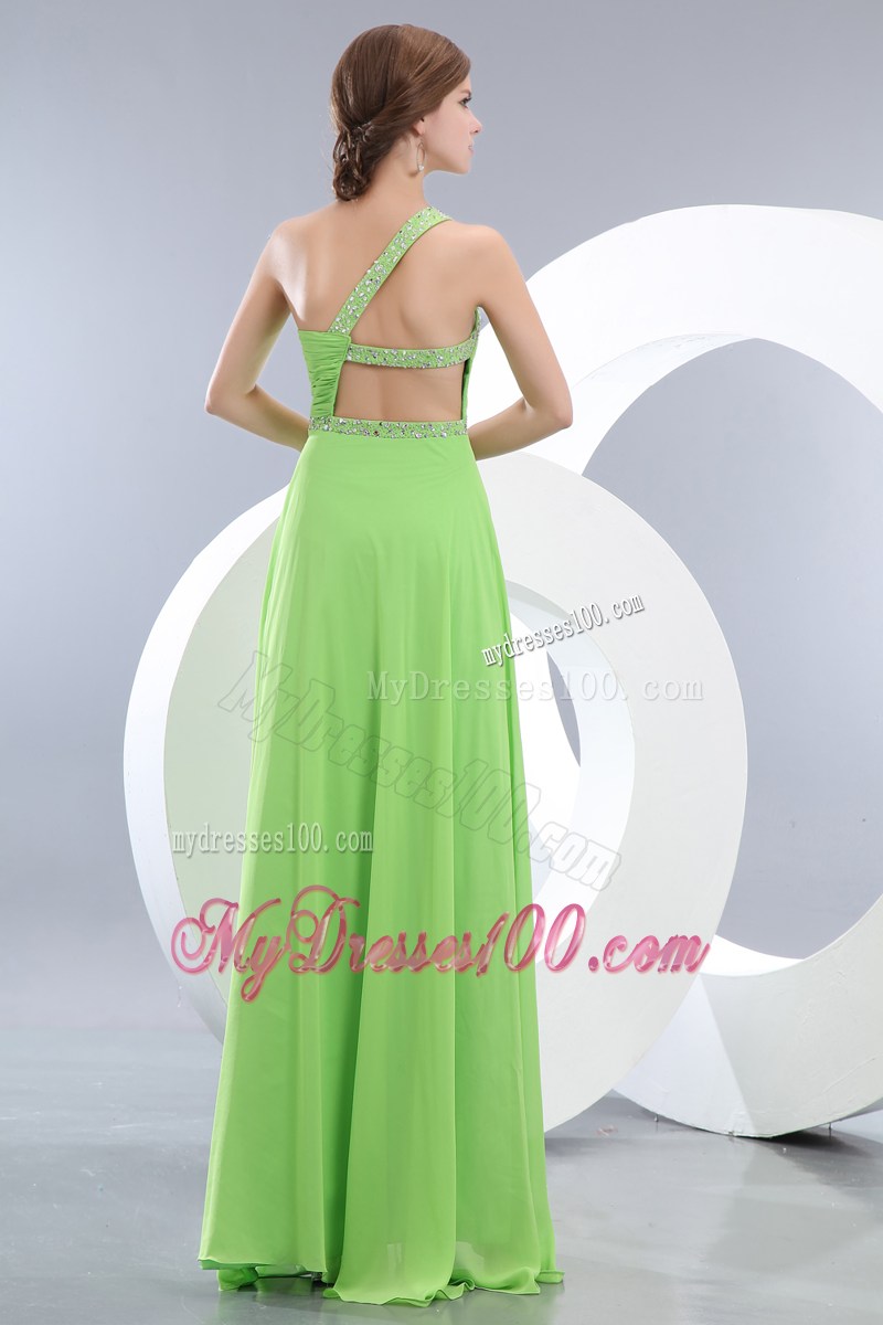 Asymmetrical Beaded Spring Green Chiffon Prom Dress with The Back Cutout