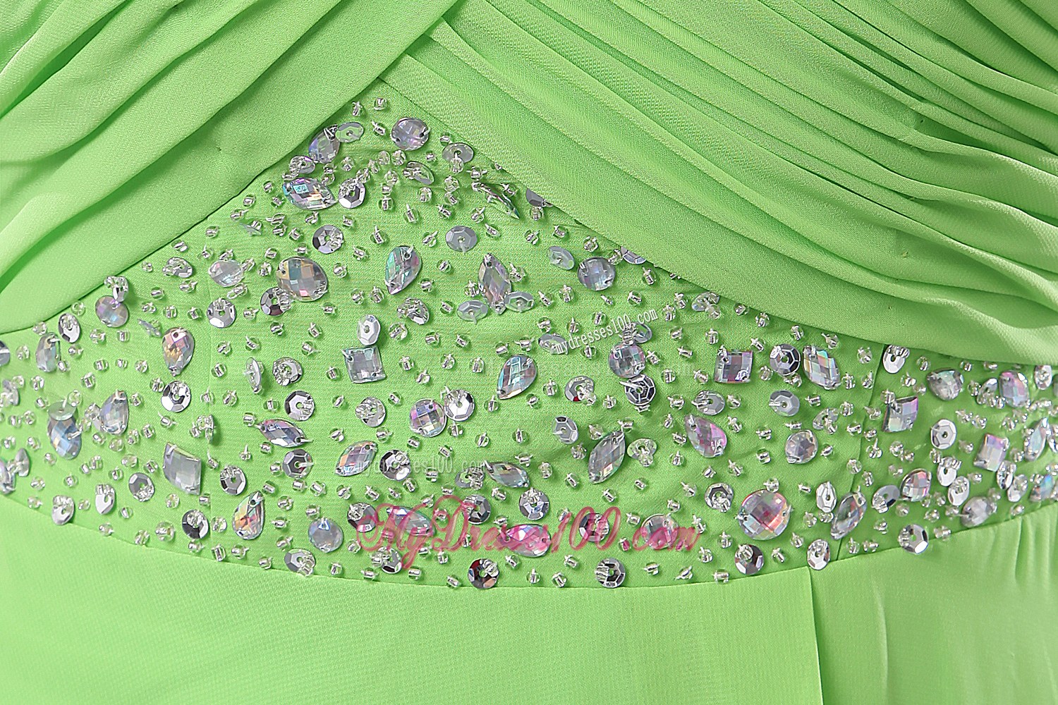 Asymmetrical Beaded Spring Green Chiffon Prom Dress with The Back Cutout