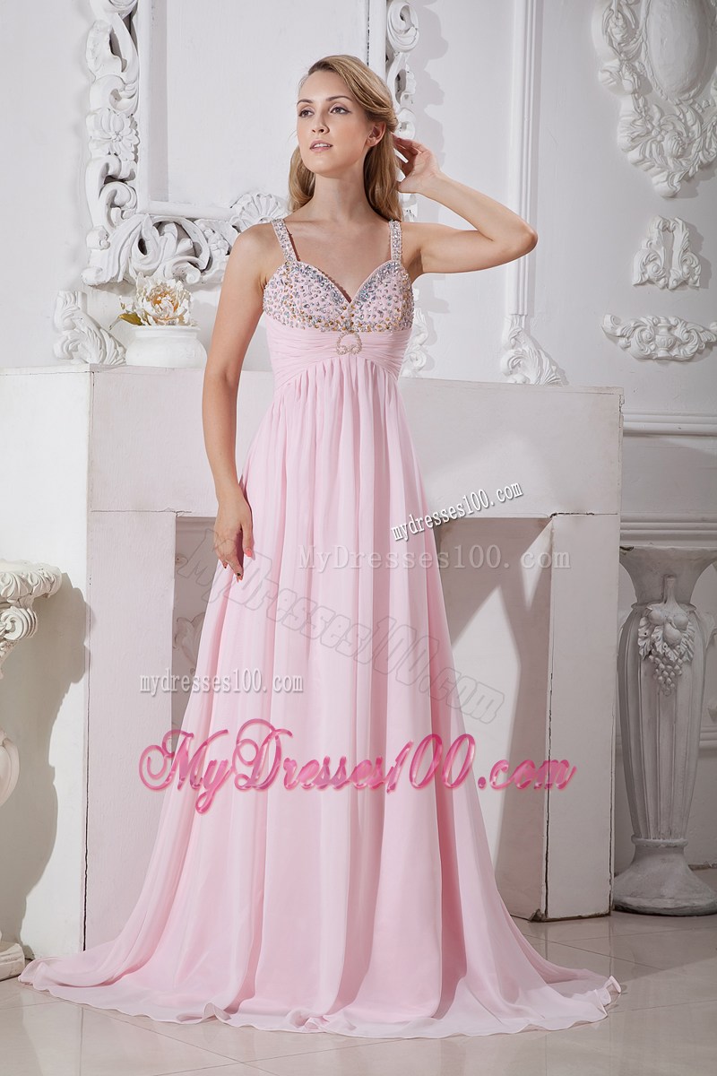 Light Pink Straps Chiffon Prom Dress with Gold and Silver Beading