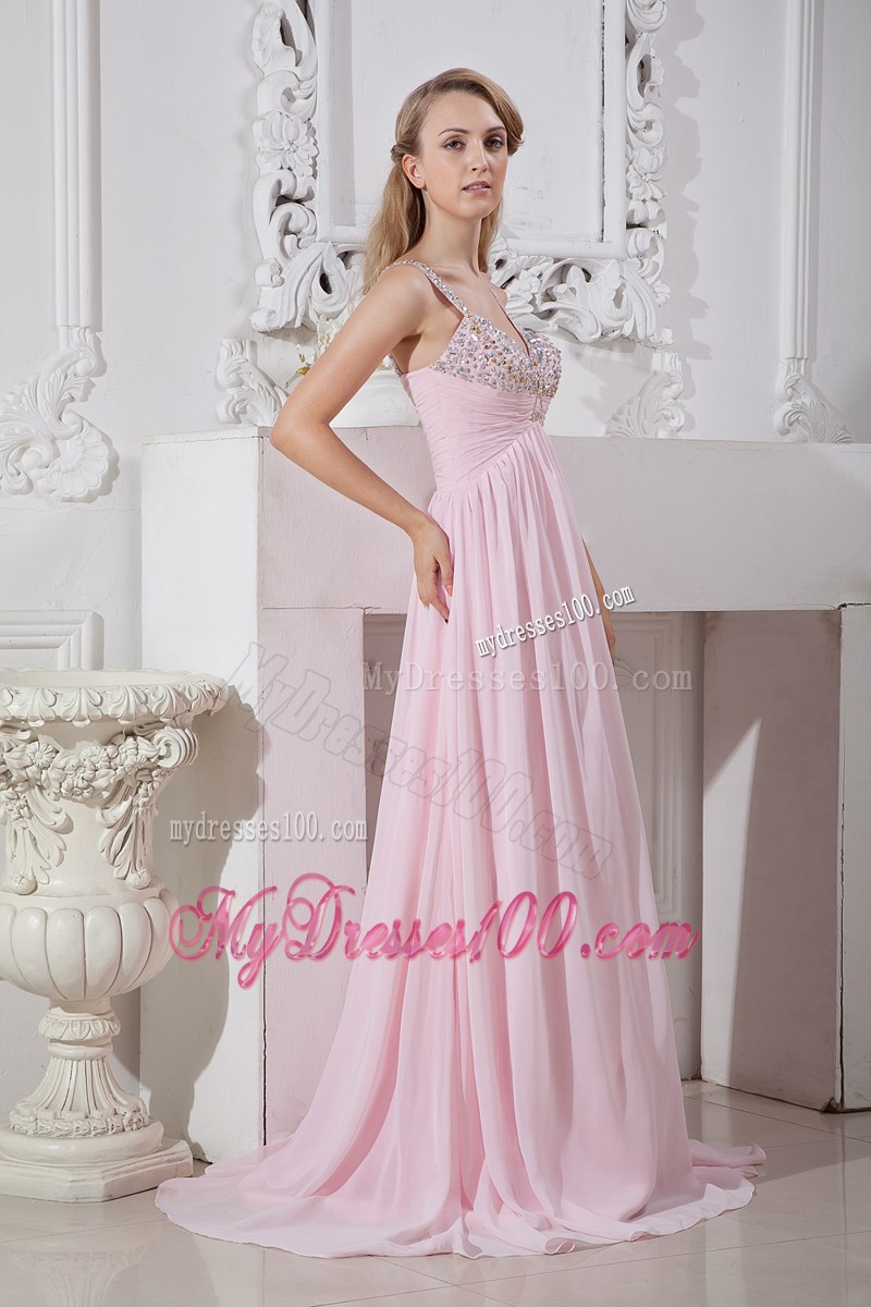 Light Pink Straps Chiffon Prom Dress with Gold and Silver Beading