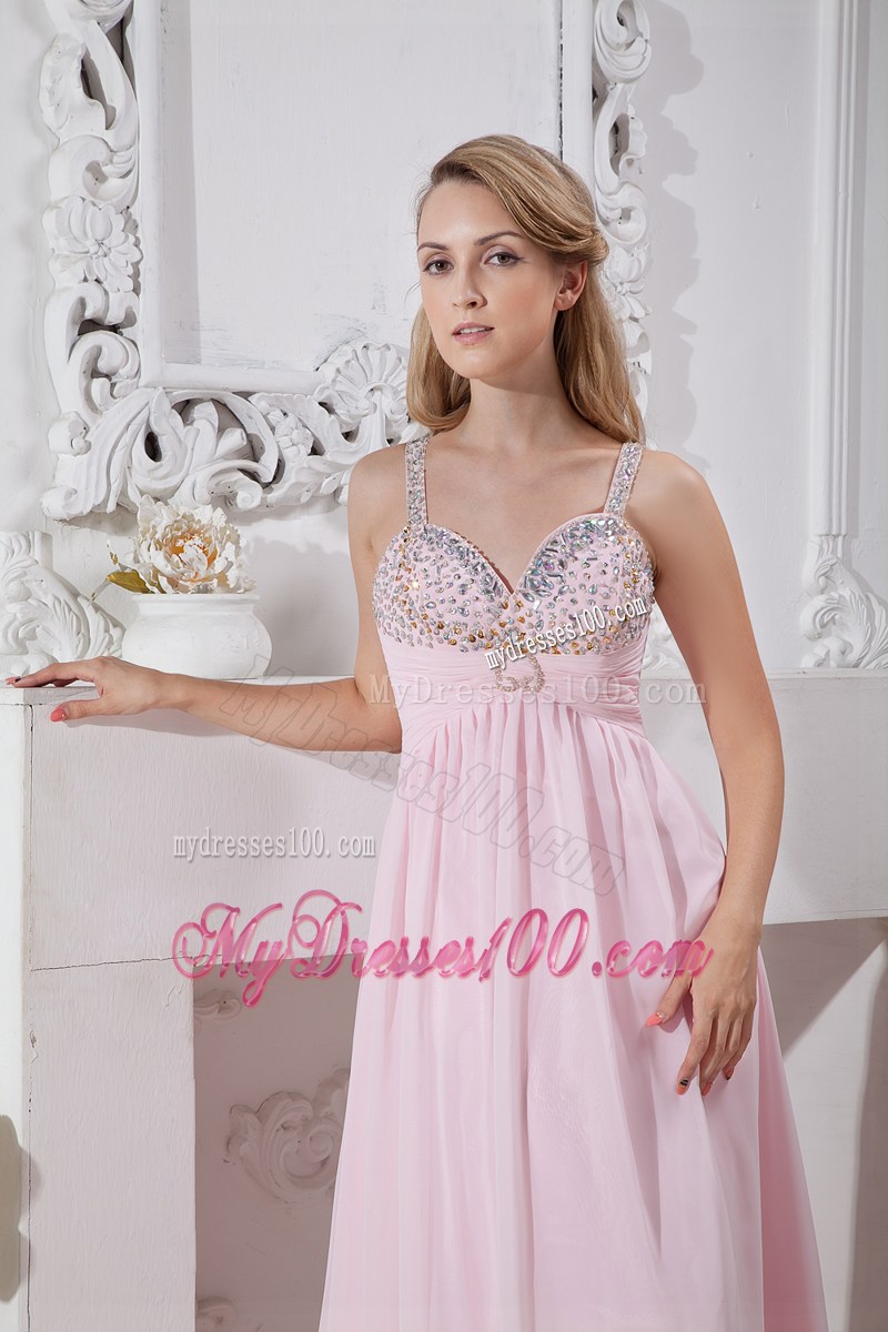 Light Pink Straps Chiffon Prom Dress with Gold and Silver Beading