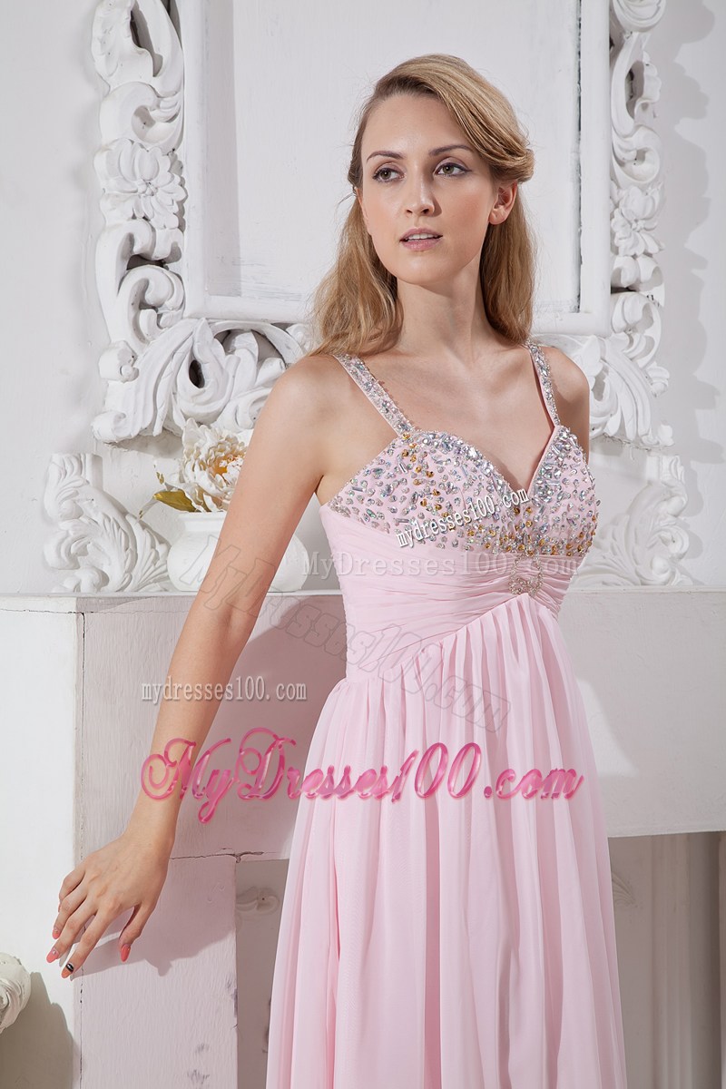 Light Pink Straps Chiffon Prom Dress with Gold and Silver Beading