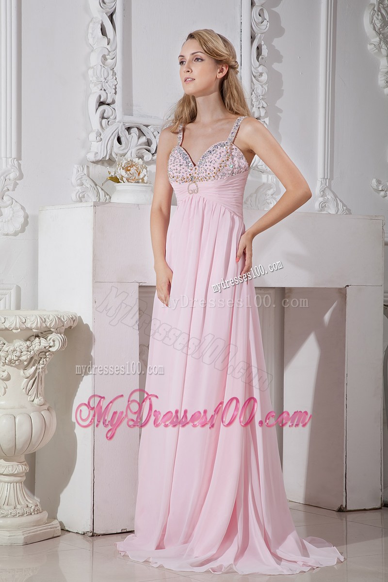 Light Pink Straps Chiffon Prom Dress with Gold and Silver Beading
