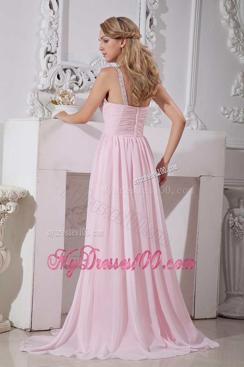 Light Pink Straps Chiffon Prom Dress with Gold and Silver Beading