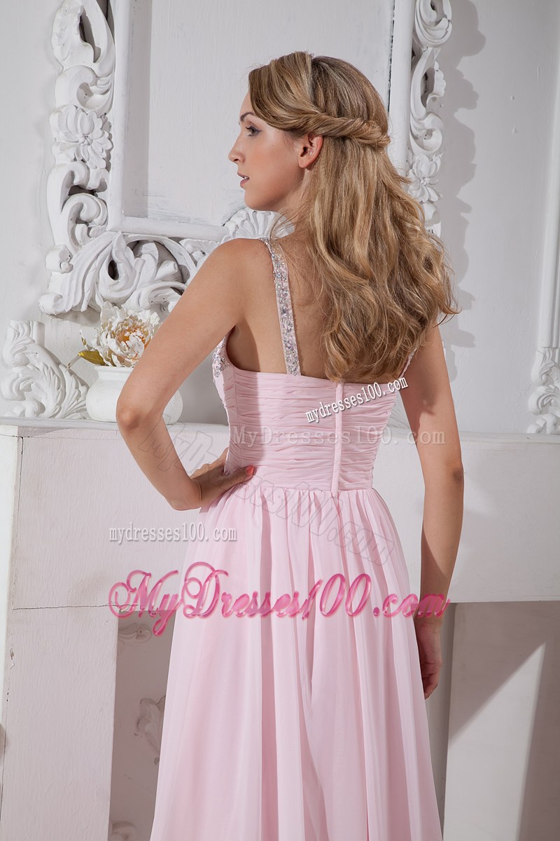 Light Pink Straps Chiffon Prom Dress with Gold and Silver Beading