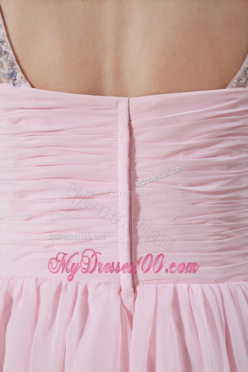 Light Pink Straps Chiffon Prom Dress with Gold and Silver Beading