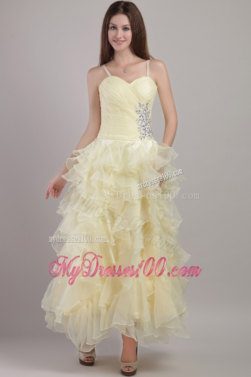 Straps and Ruffled Layers Accent Prom Dress in Light Yellow of Ankle-length
