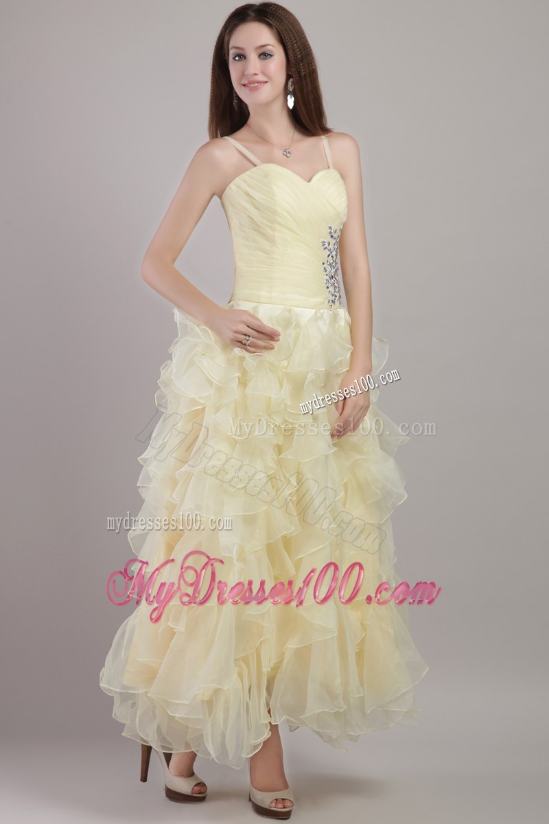 Straps and Ruffled Layers Accent Prom Dress in Light Yellow of Ankle-length