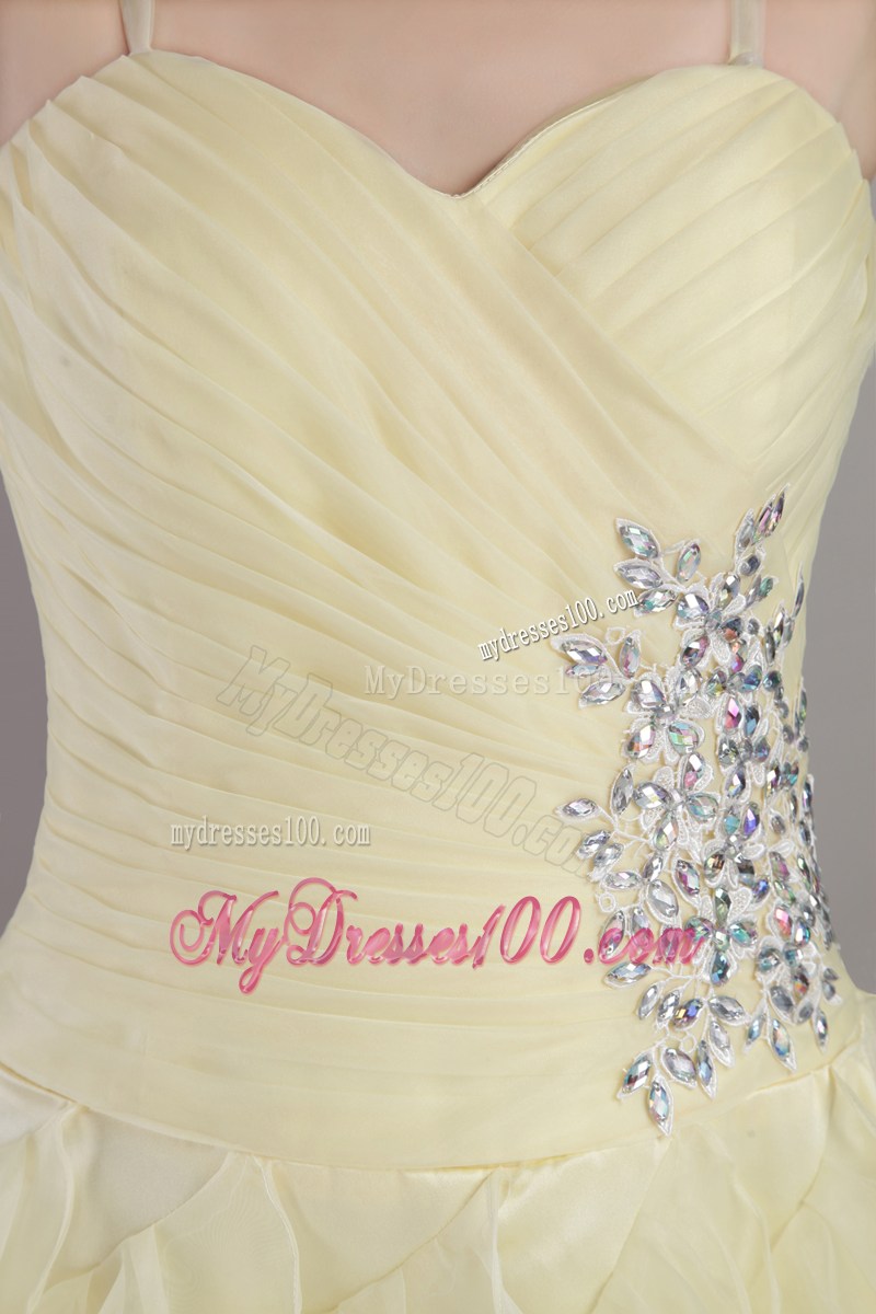 Straps and Ruffled Layers Accent Prom Dress in Light Yellow of Ankle-length
