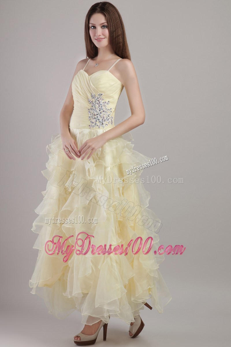 Straps and Ruffled Layers Accent Prom Dress in Light Yellow of Ankle-length