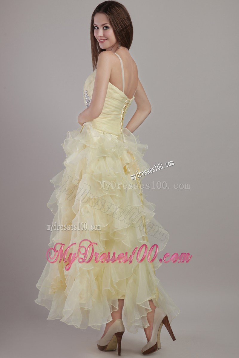 Straps and Ruffled Layers Accent Prom Dress in Light Yellow of Ankle-length