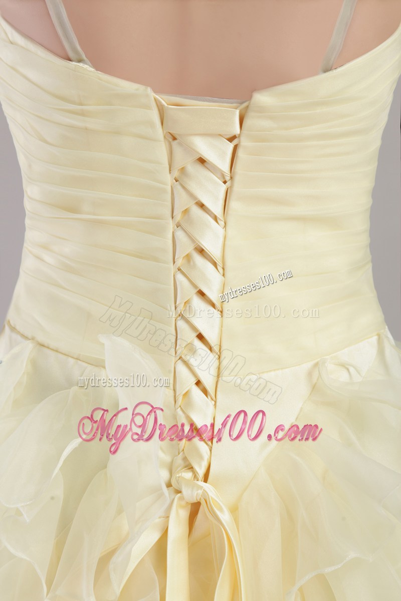 Straps and Ruffled Layers Accent Prom Dress in Light Yellow of Ankle-length