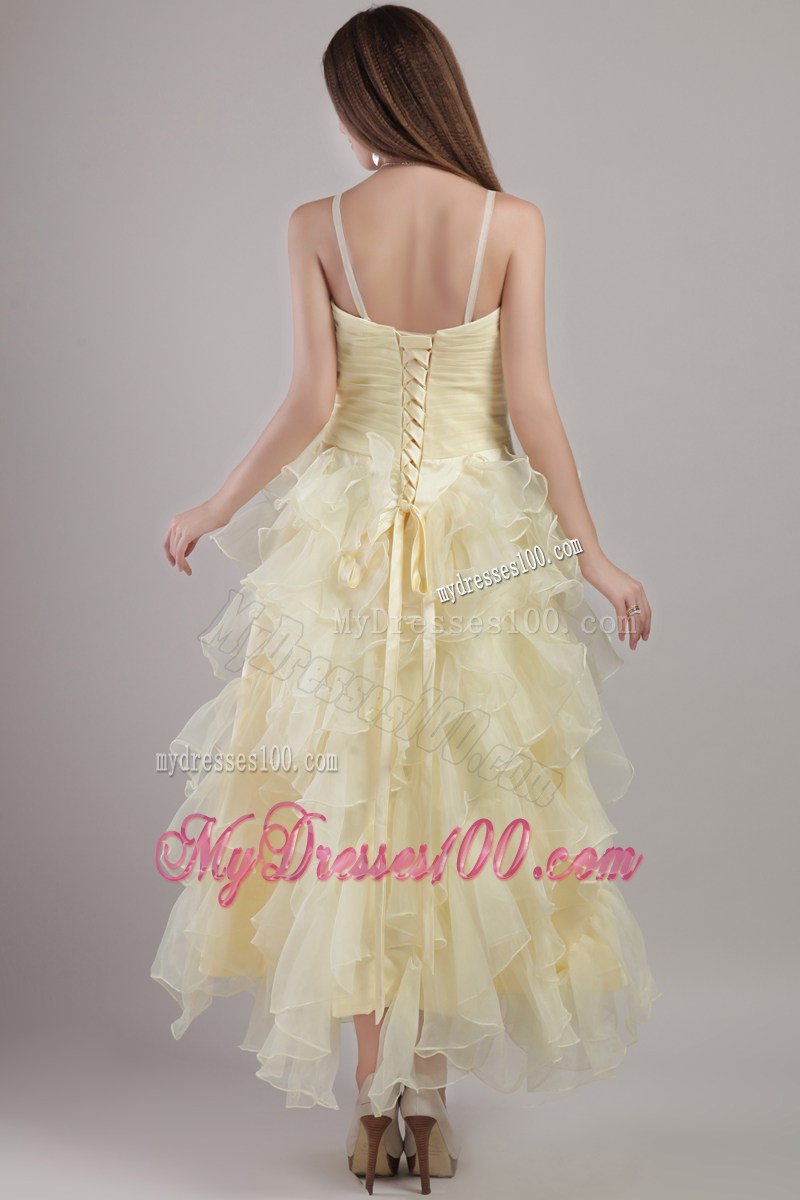 Straps and Ruffled Layers Accent Prom Dress in Light Yellow of Ankle-length