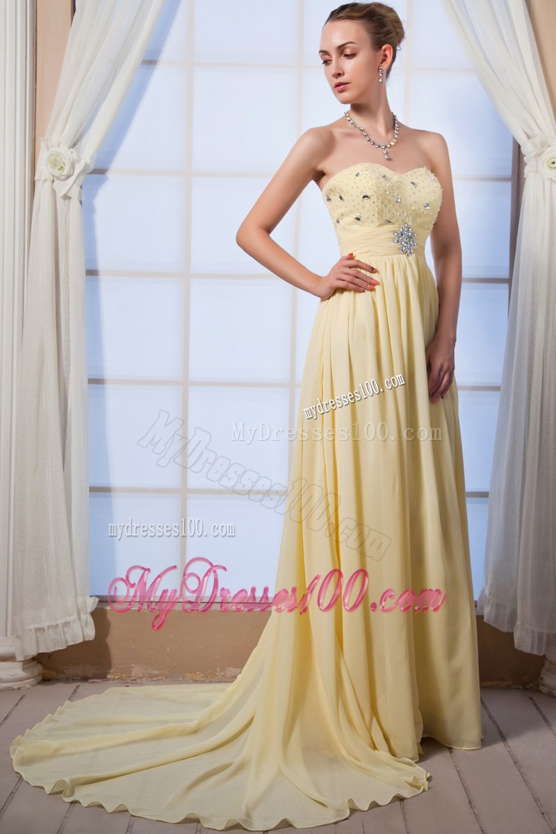 Light Yellow Empire Sweetheart Brush Train Prom Dress with Beading