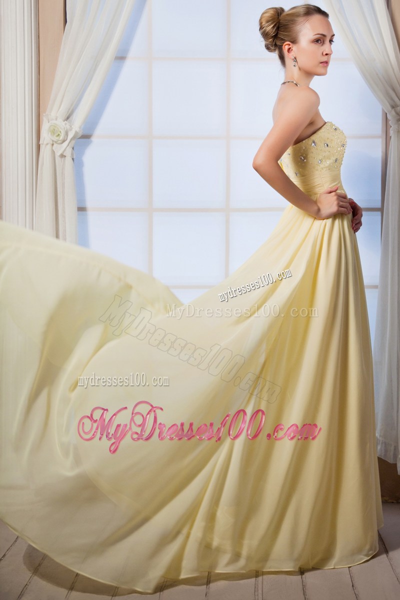 Light Yellow Empire Sweetheart Brush Train Prom Dress with Beading