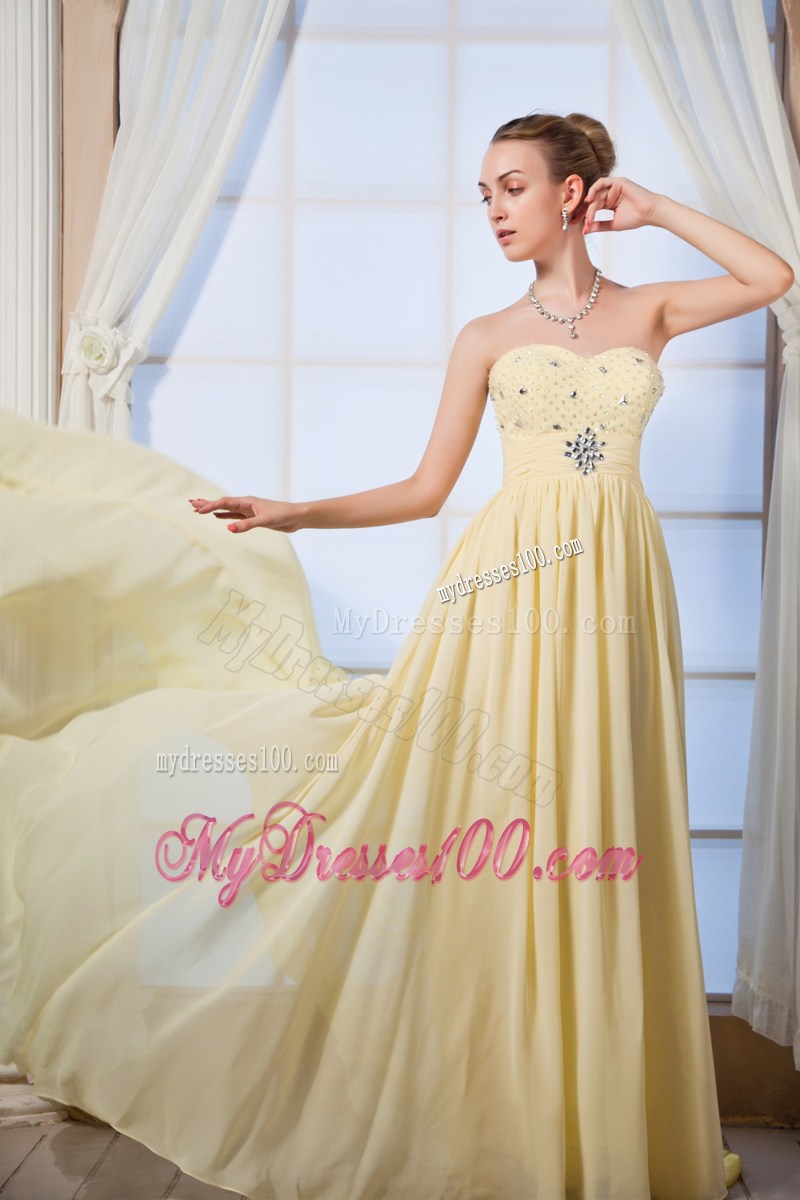 Light Yellow Empire Sweetheart Brush Train Prom Dress with Beading