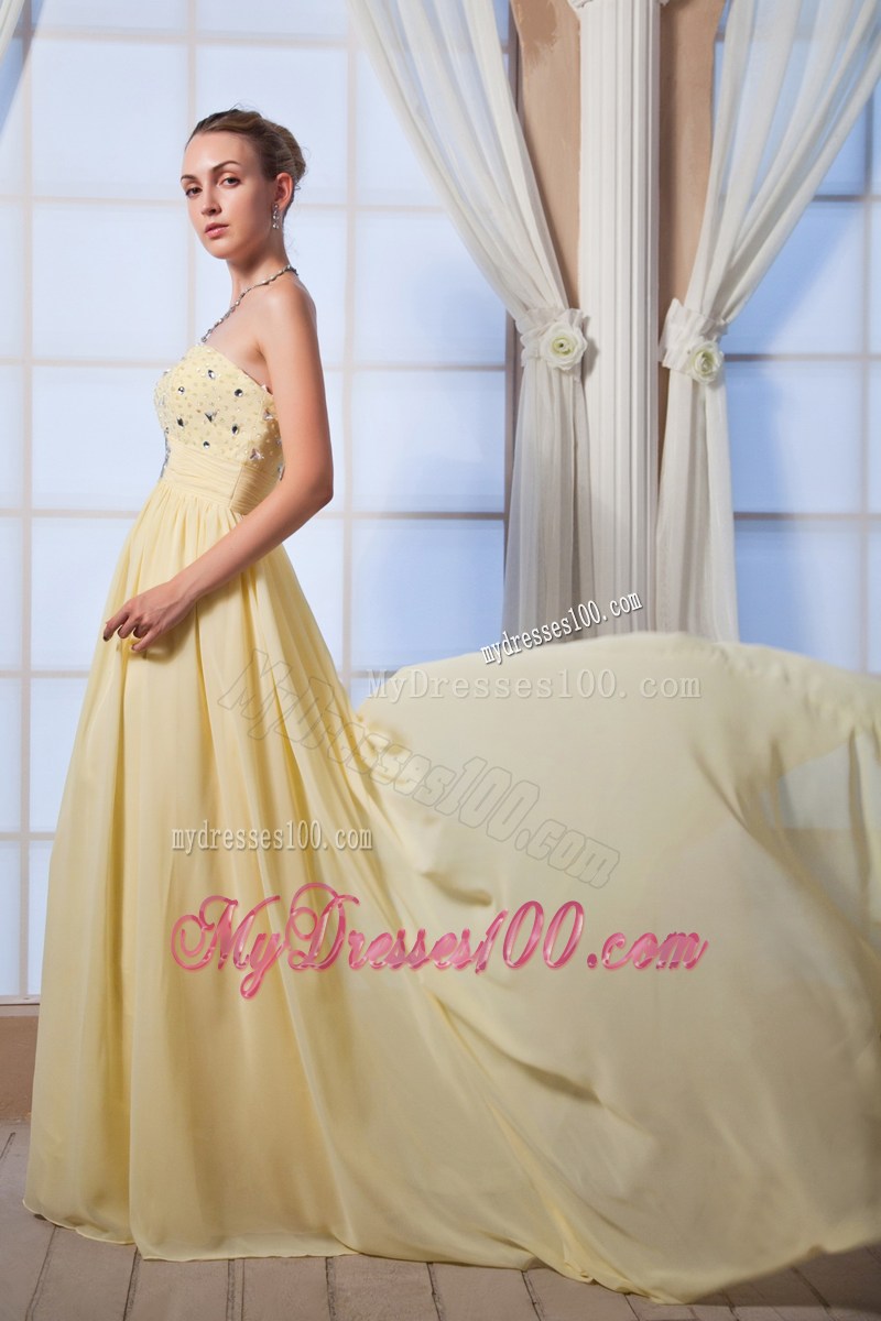 Light Yellow Empire Sweetheart Brush Train Prom Dress with Beading