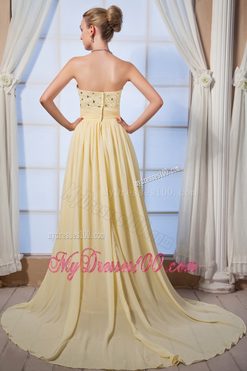 Light Yellow Empire Sweetheart Brush Train Prom Dress with Beading