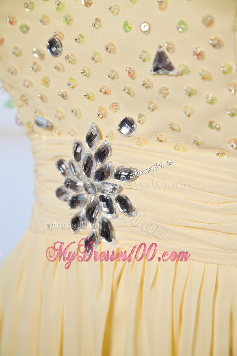 Light Yellow Empire Sweetheart Brush Train Prom Dress with Beading