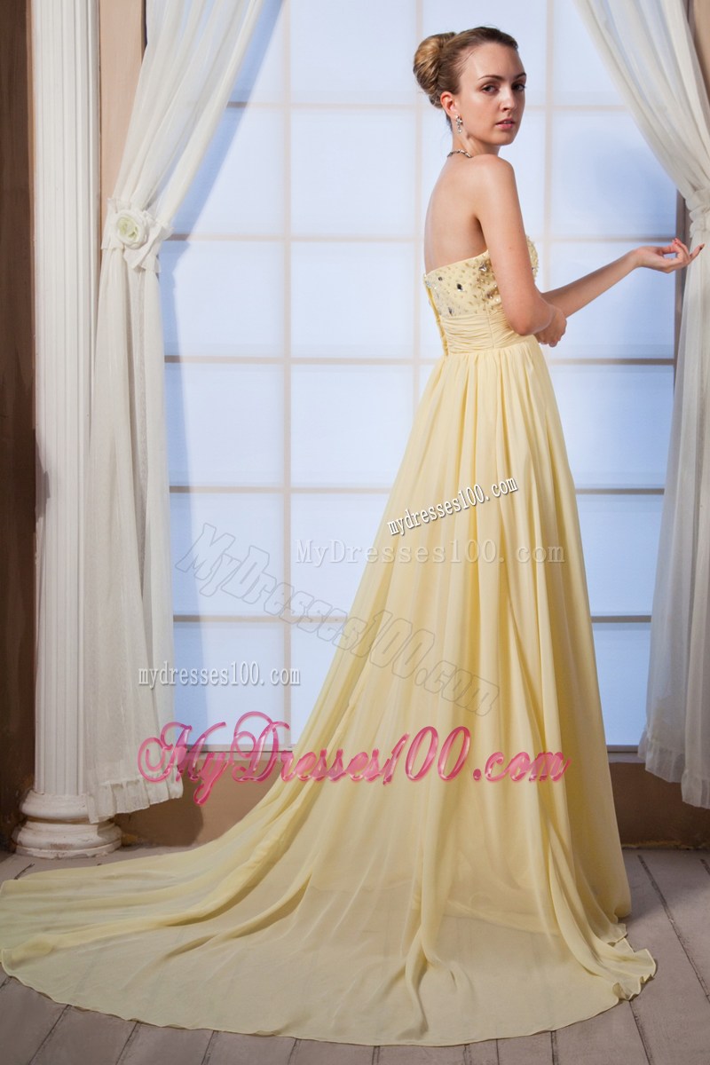 Light Yellow Empire Sweetheart Brush Train Prom Dress with Beading