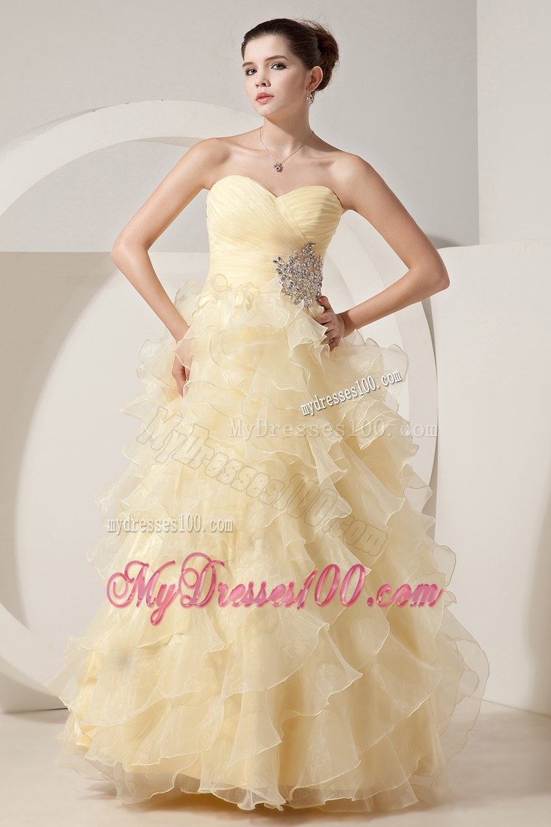 Beading and Ruffled Layers Accent A-line Prom Dress in Light Yellow