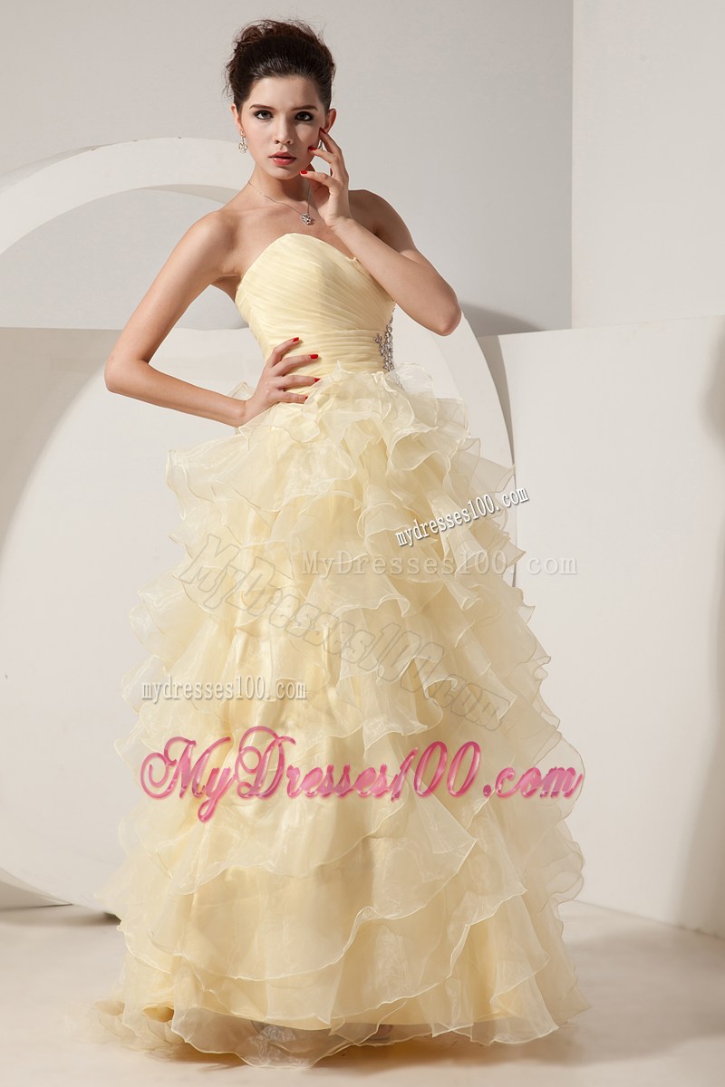 Beading and Ruffled Layers Accent A-line Prom Dress in Light Yellow