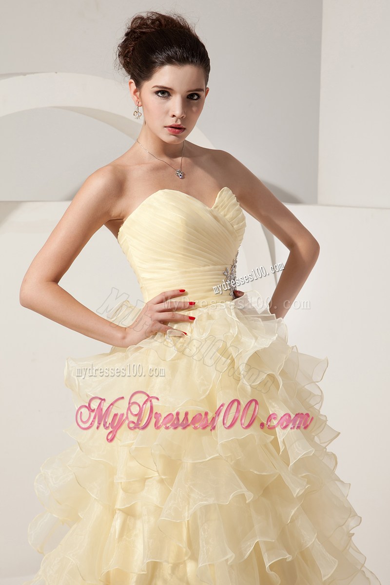 Beading and Ruffled Layers Accent A-line Prom Dress in Light Yellow