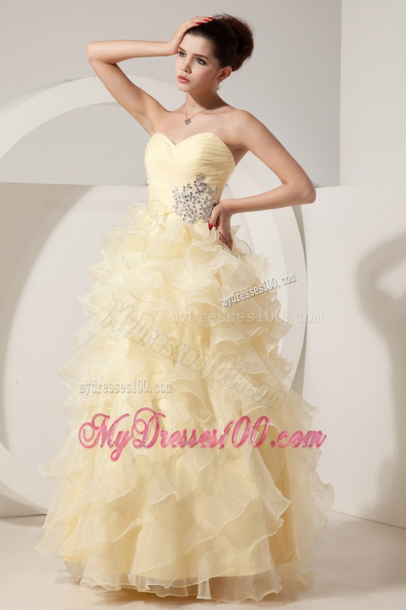 Beading and Ruffled Layers Accent A-line Prom Dress in Light Yellow