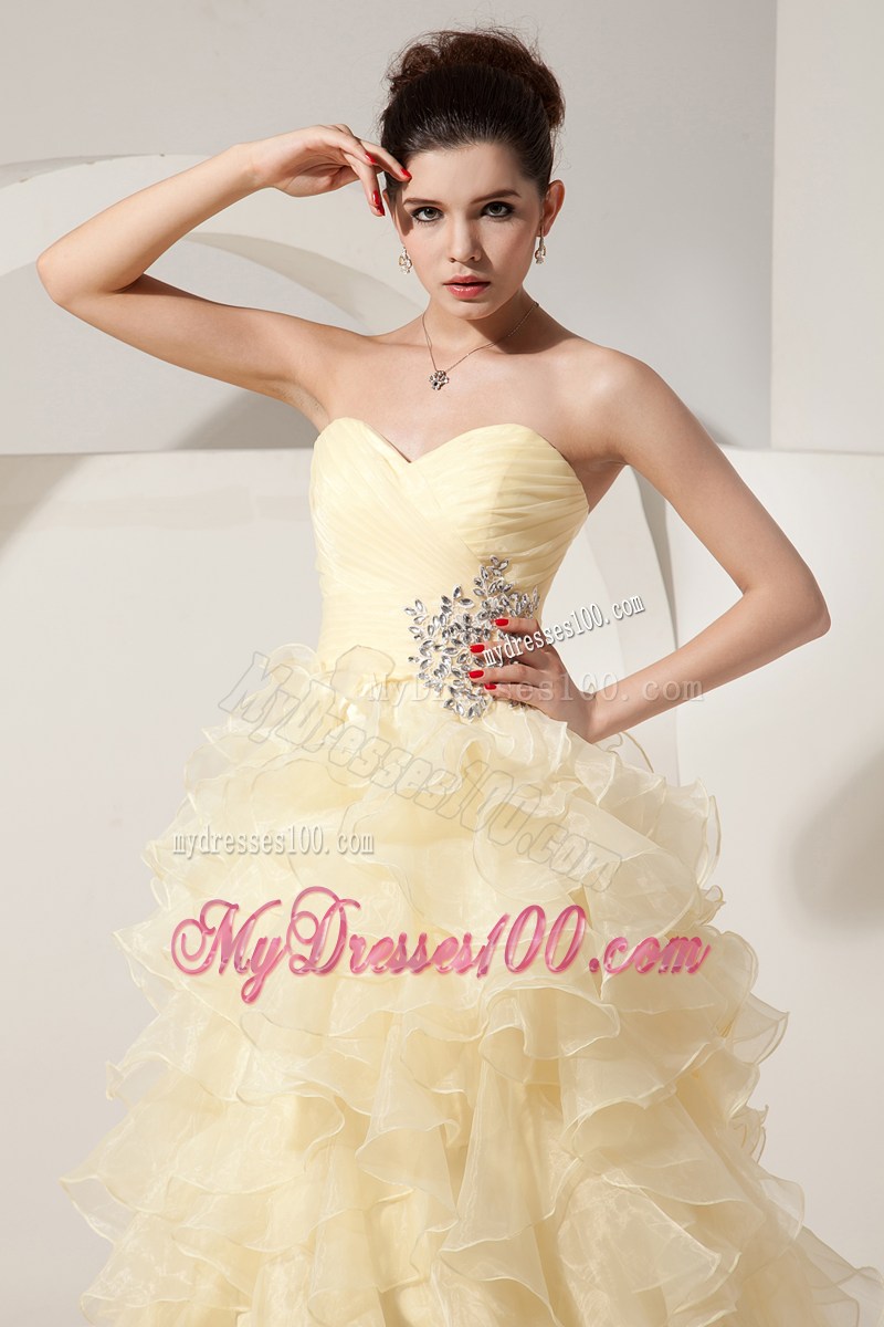 Beading and Ruffled Layers Accent A-line Prom Dress in Light Yellow