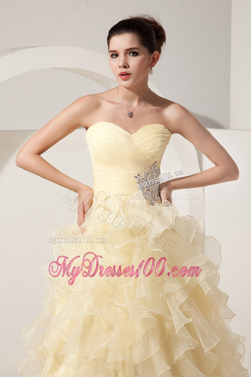 Beading and Ruffled Layers Accent A-line Prom Dress in Light Yellow