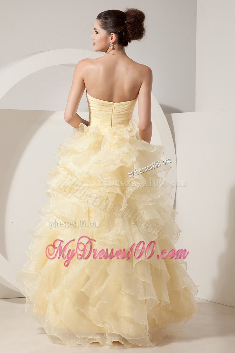 Beading and Ruffled Layers Accent A-line Prom Dress in Light Yellow
