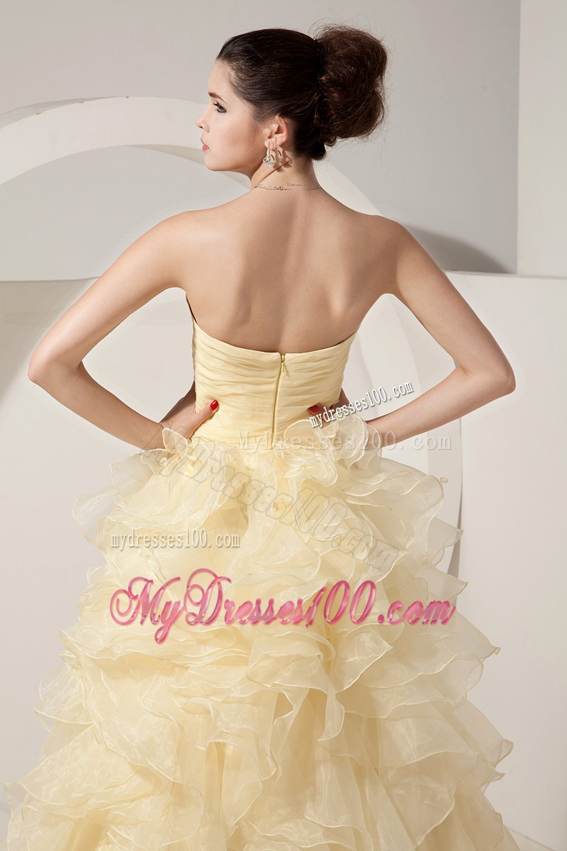 Beading and Ruffled Layers Accent A-line Prom Dress in Light Yellow