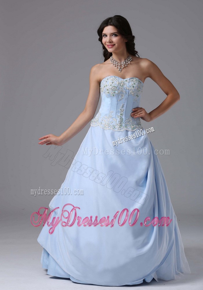 Light Blue Sweetheart Appliques Decorated Prom Dress with Drapped Sides