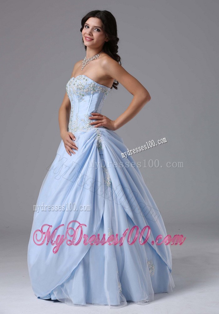 Light Blue Sweetheart Appliques Decorated Prom Dress with Drapped Sides